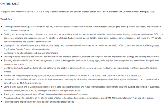 FIFA(Sales Collaterals and Communication Manager)