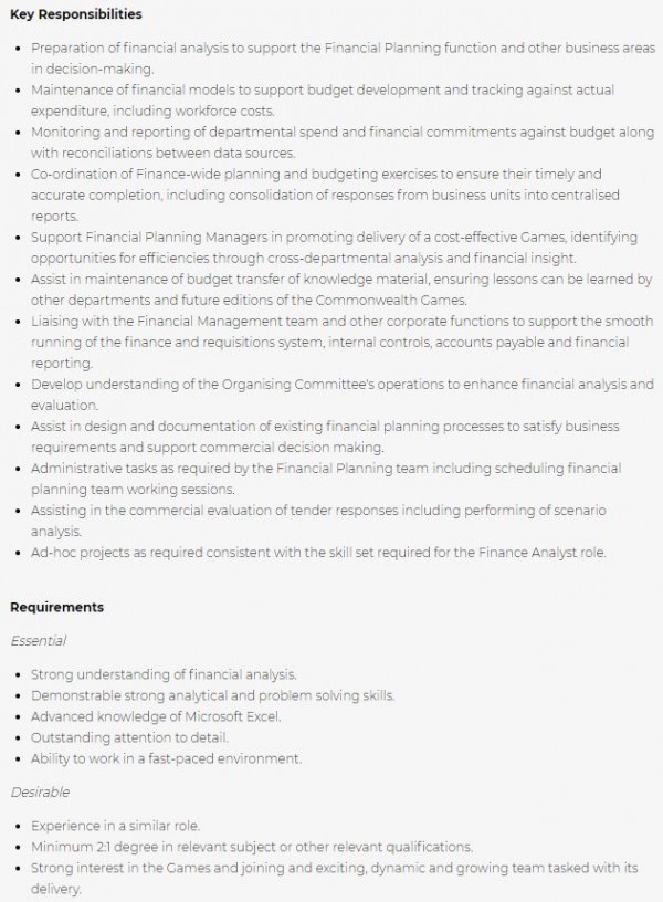 Birmingham 2022, Financial Planning Analyst