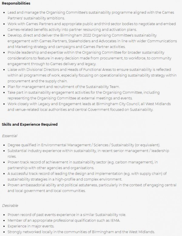 Birmingham 2022, Head of Sustainability