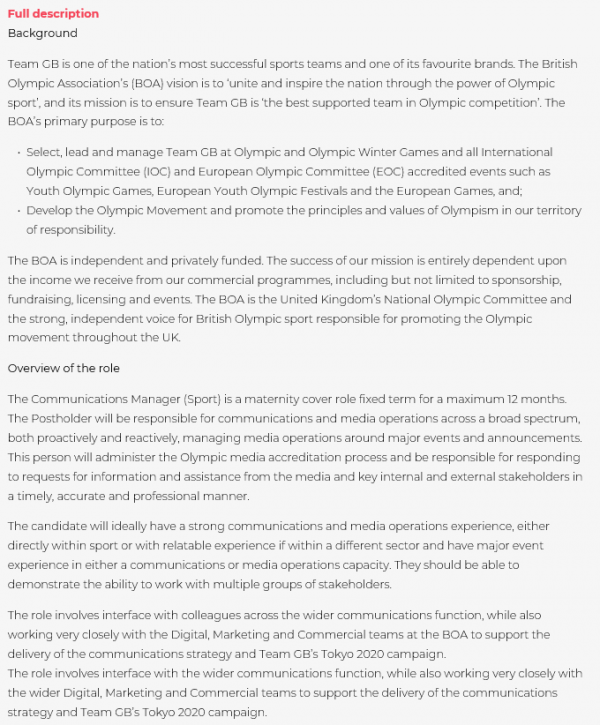 Communications Manager (Sport) - Maternity Cover