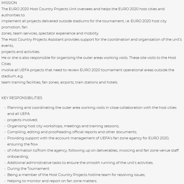 Euro 2020 Host Country Projects Assistant
