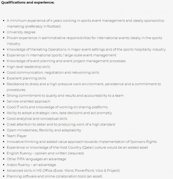 FIFA QATAR 2022, Marketing Rights Delivery Coordinator