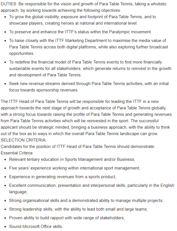 ITTF Head of Para Table Tennis