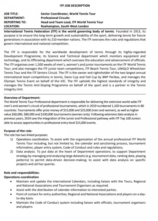 Senior Coordinator, World Tennis Tour