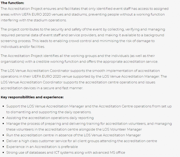 UEFA EURO 2020, Venue Accreditation Coordinator